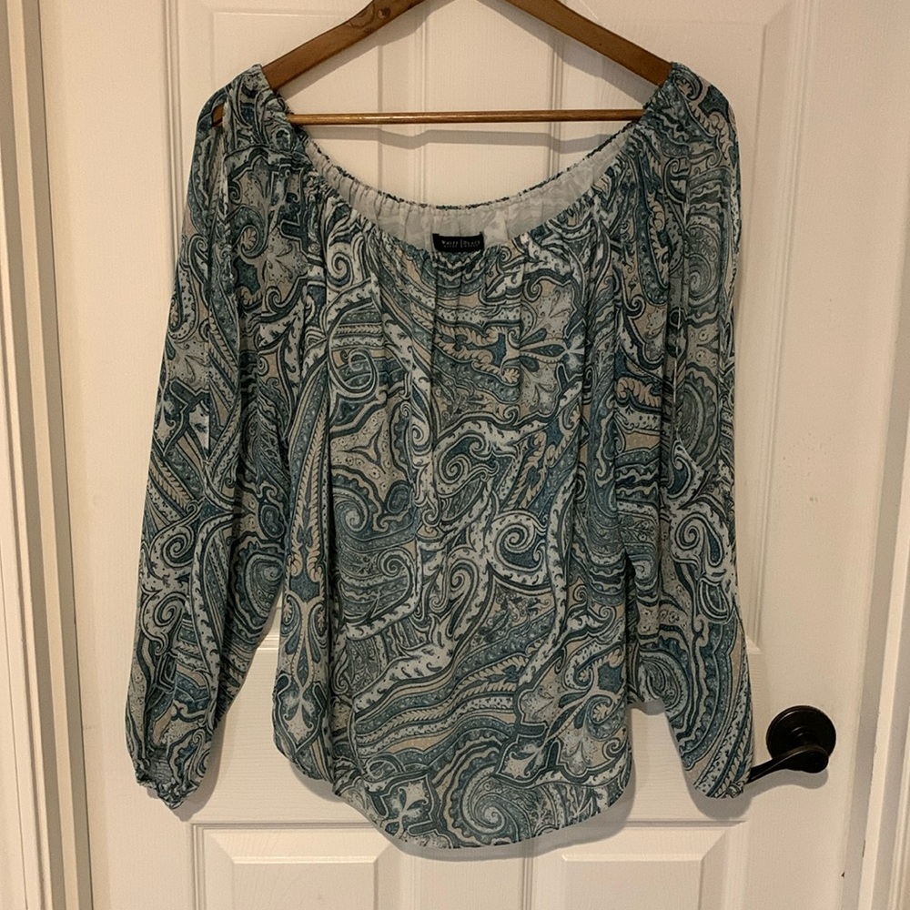 *Sale* 3/$18 - WHBM turquoise white paisley print sheer overlay blouse size L